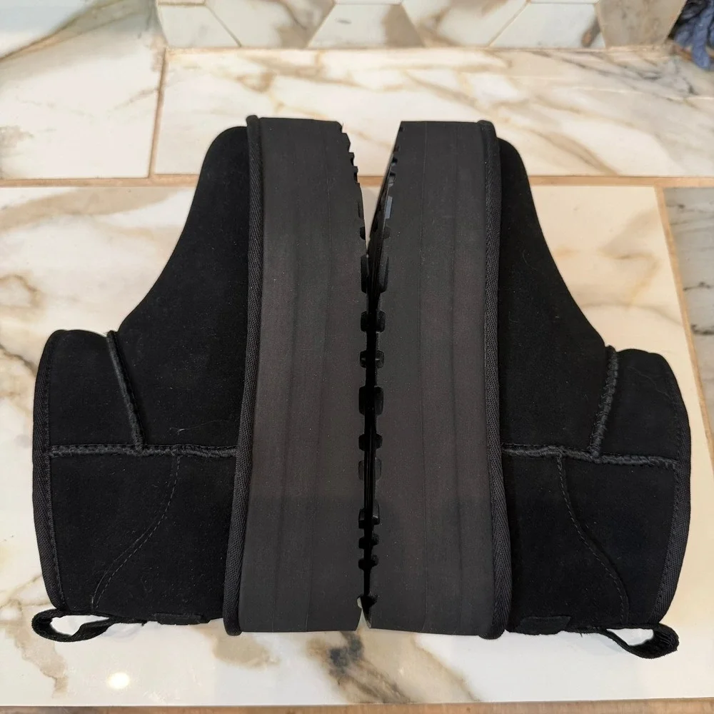 UGG Classic Ultra Mini Platform Black Suede Sheepskin Lined Ankle Boots Womens 6
